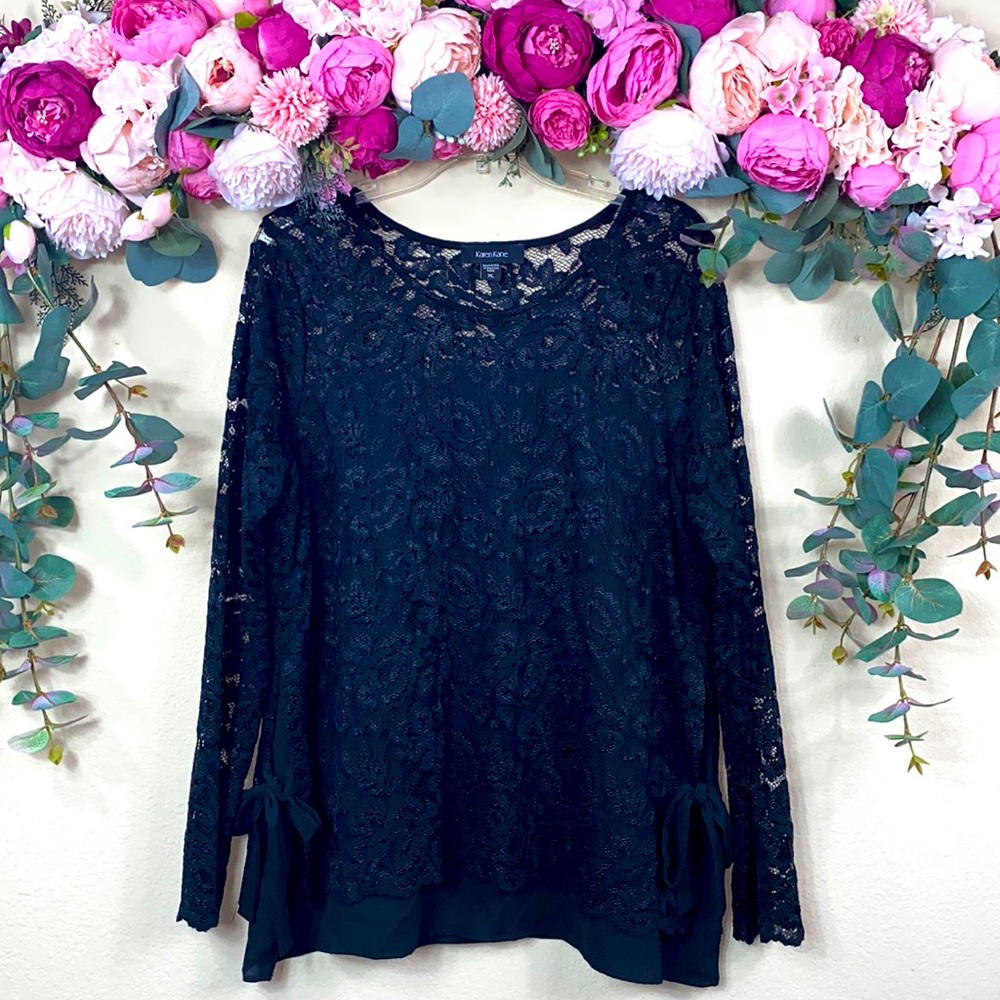 Karen Kane Navy Lace Long-Sleeve Blouse